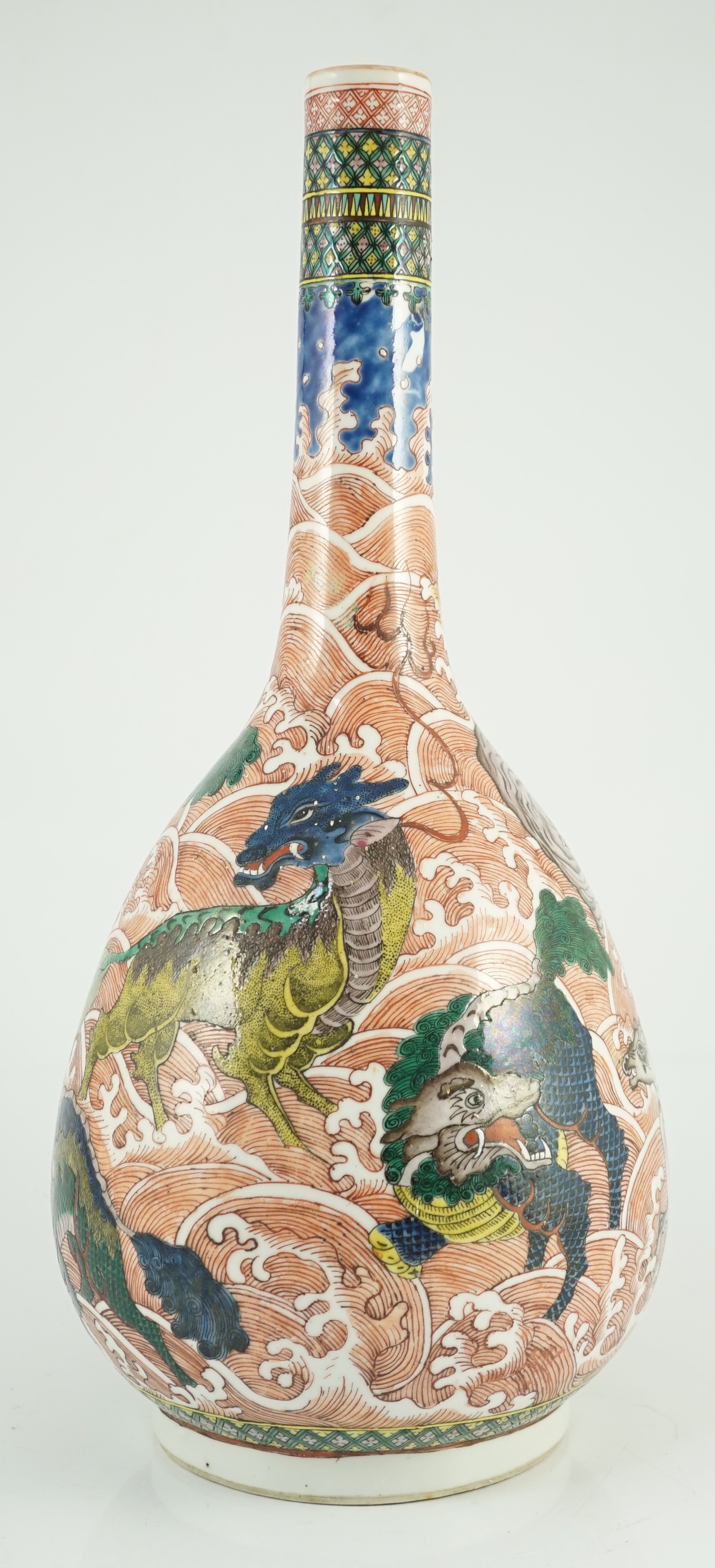 A Chinese famille verte ‘mythical creatures’ bottle vase, 19th century, 46cm high, section of neck broken and reglued